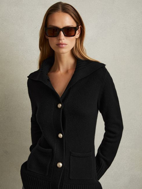 Cat Black Wool-Cashmere Spread Collar Cardigan | Reiss UK