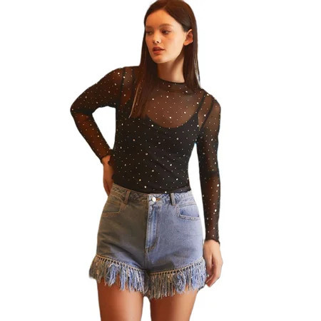 Chic Sheer Mesh Long Sleeve Top with Rhinestone Embellishments - [ZhiHiMeRi] | (US 8-10)M | Walmart (US)