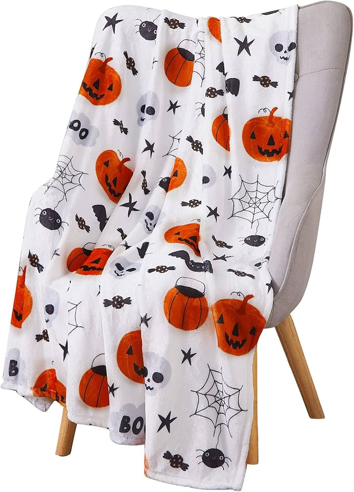 Serafina Home Halloween Blanket Throw: Fuzzy Boo! Jack O'Lantern Spider Webs Skull and Black Cats... | Amazon (CA)
