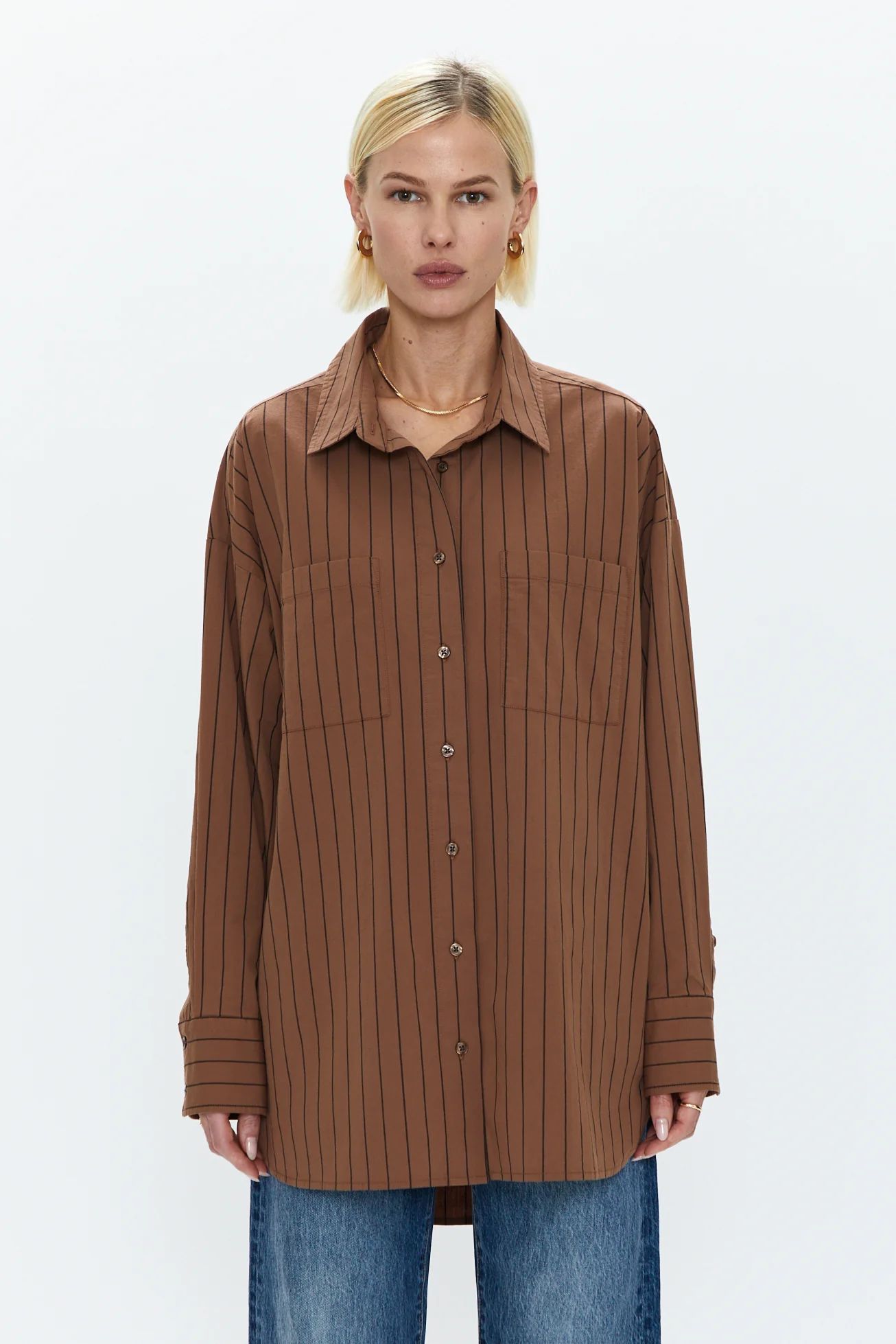 Rena Button Down Tunic Shirt - Chestnut Noir Stripe | Pistola Denim