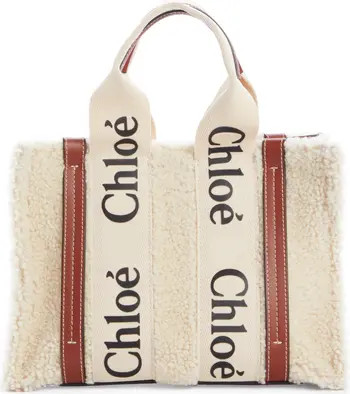 Small Woody Logo Strap Genuine Shearling Tote | Nordstrom