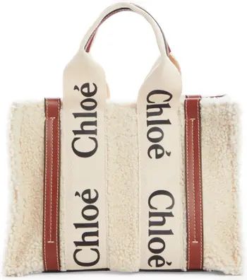 Small Woody Logo Strap Genuine Shearling Tote | Nordstrom