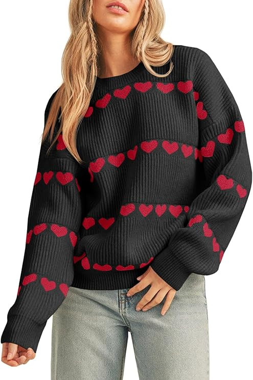 Saodimallsu Womens Heart Sweater Valentine Crew Neck Cute Ribbed Knit Loose Casual Pullover Sweat... | Amazon (US)