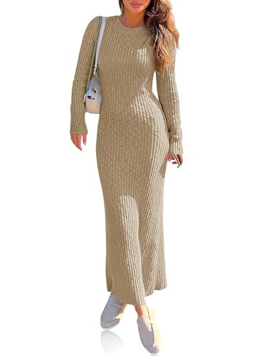 Wenrine Womens Sweater Maxi Dress Long Sleeve Knit Ribbed Crew Neck Slim Fit Casual Fall Long Dre... | Amazon (US)