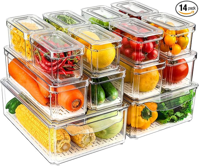 14 Pack Fridge Organizers and Storage - Refrigerator Organizer Bins with Lids, BPA-Free Fridge Or... | Amazon (US)
