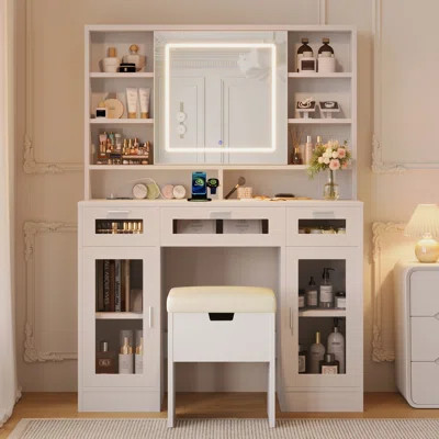 Makeup Vanity with Sliding Lights Mirror, 3 Drawers and 2 RGB Cabinets | Wayfair North America