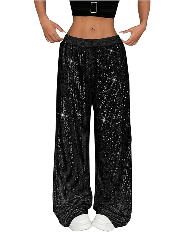 Sequin Pants Women Stretchy High Waist Wide Leg Sparkle Shiny Pant Casual Loose Glitter Trousers ... | Amazon (US)