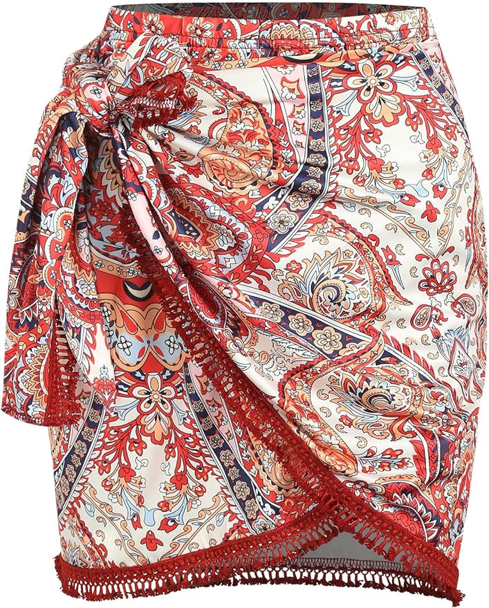ZAFUL Slit Skirt for Women Boho Print Tie Side Wrap Tassel Casual Beach Mini Skirt | Amazon (US)