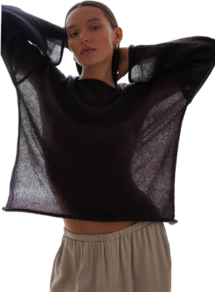 Women Knitted Mesh T shirts Vintage Shirts Fairycore Aesthetics Tee Y2K Cottagecore Blouse Long S... | Amazon (US)