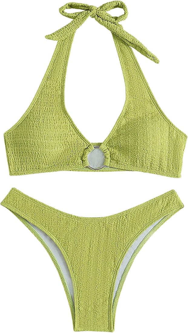 SweatyRocks Women's 2 Piece Swimsuit Solid Halter High Cut Bikini Bathing Suit | Amazon (US)