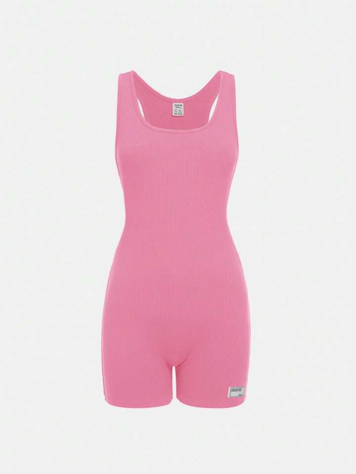 SHEIN Teen Girl Letter Patched Detail Ribbed Knit Tank Unitard Romper | SHEIN