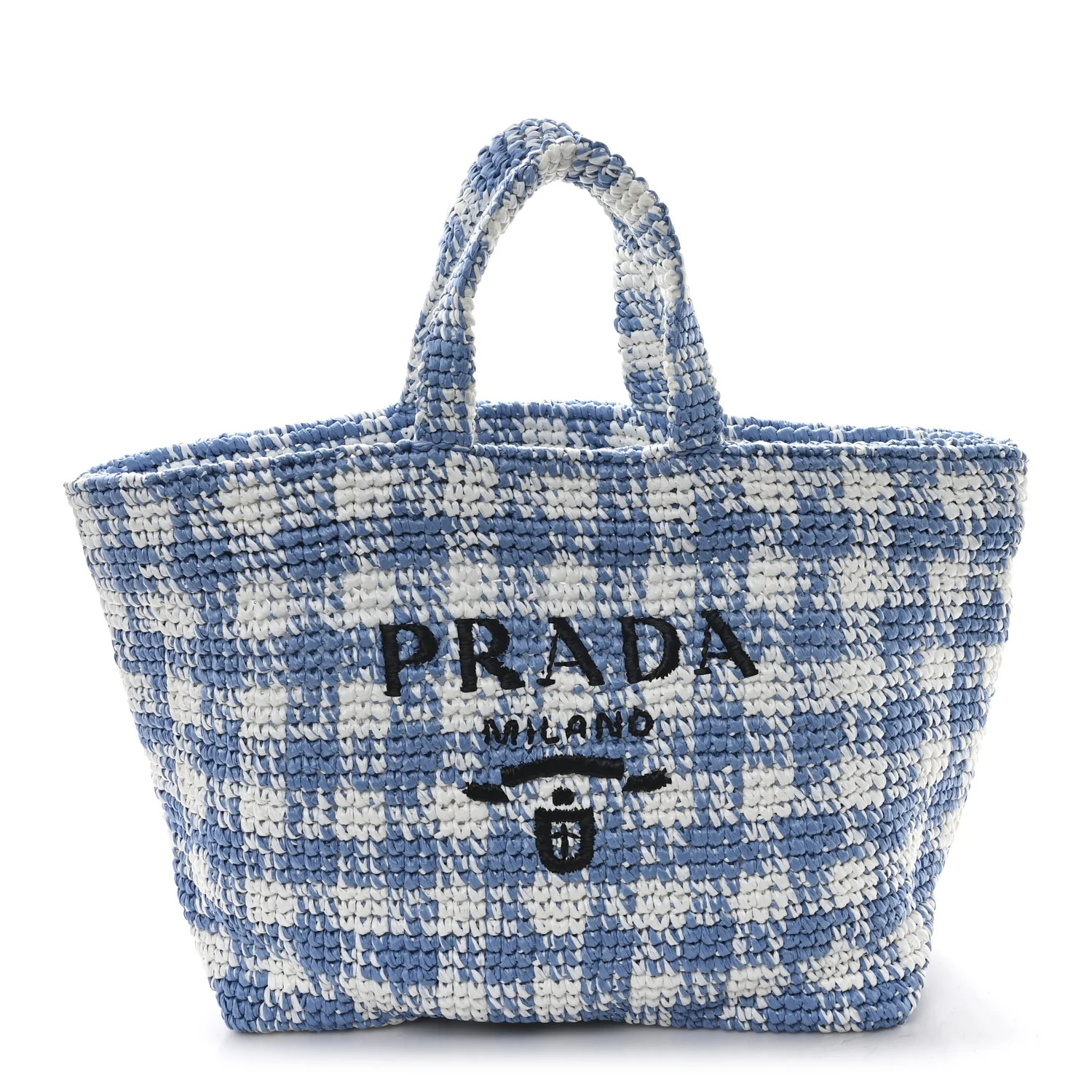 Yarn Raffia Effect Crochet Embroidered Large Logo Tote Celeste | FASHIONPHILE (US)