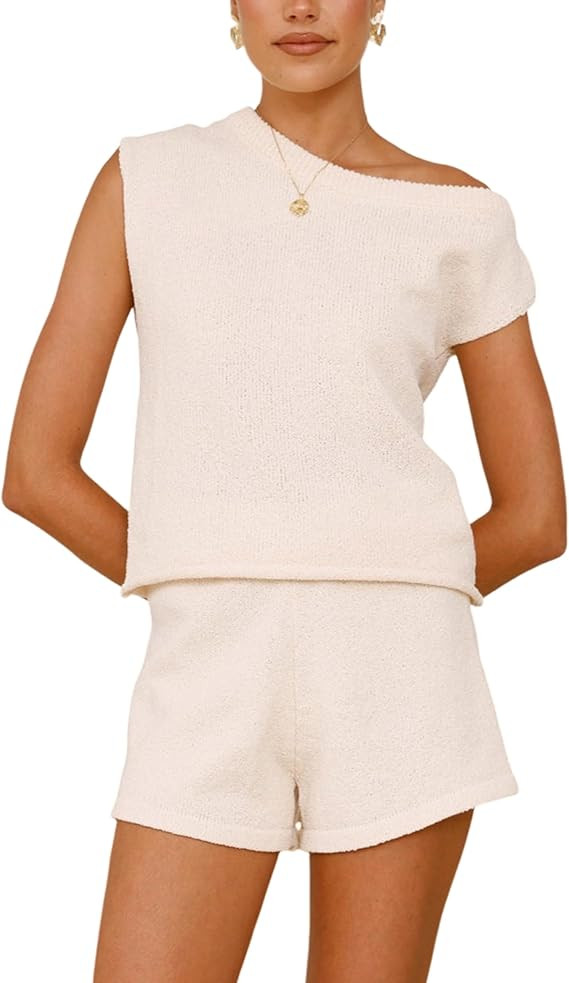 Hongsui Women's 2 Piece Sets Off The Shoulder Sweater Casual Mini Shorts Summer Knit Matching Set... | Amazon (US)