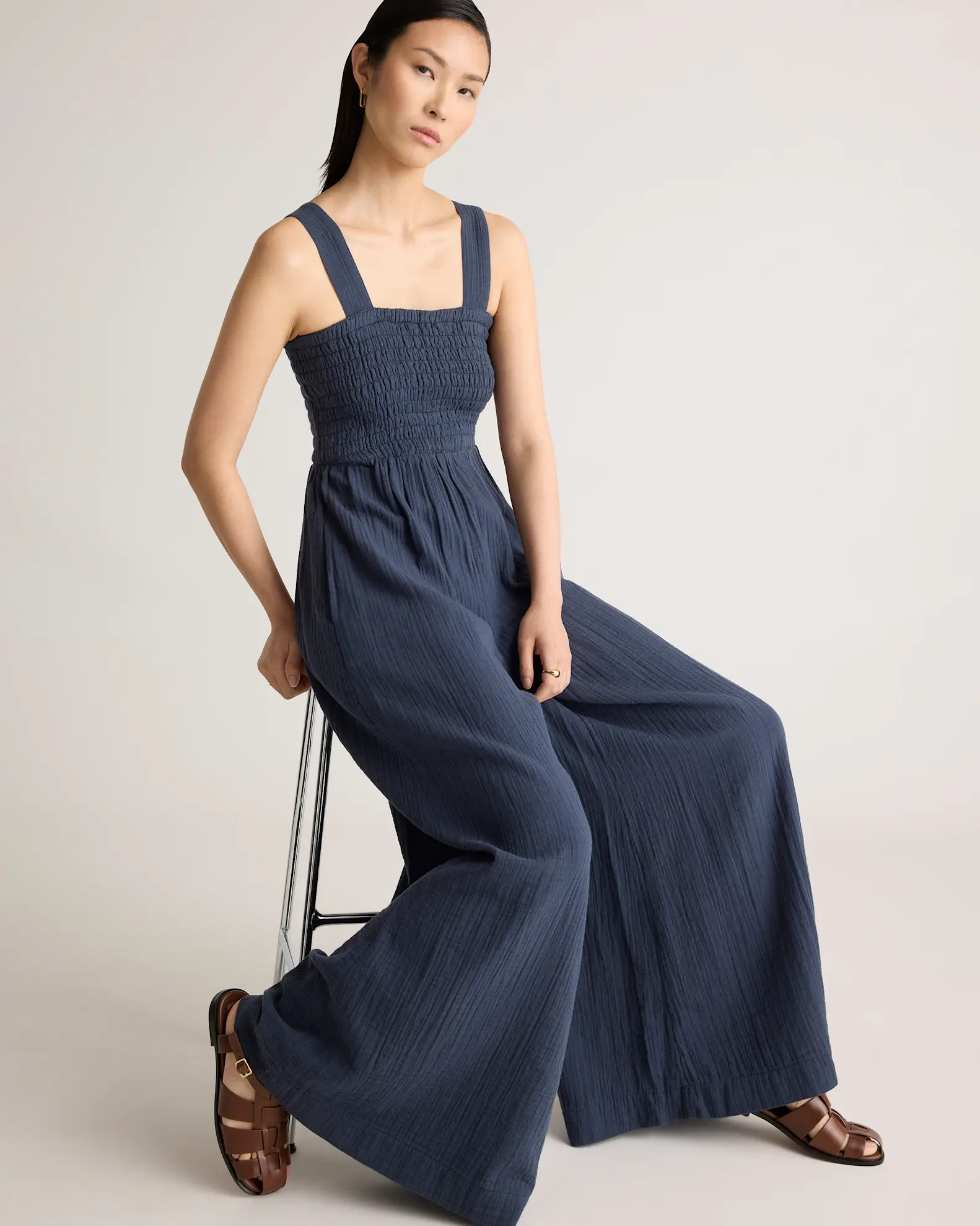 100% Organic Cotton Gauze Smocked Wide Leg Jumpsuit in Indigo Blue | Quince