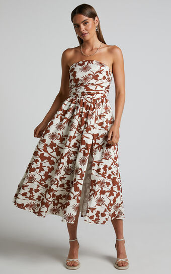 Evita Midi Dress - Ruched High Split Strapless Dress in Multi | Showpo (US, UK & Europe)