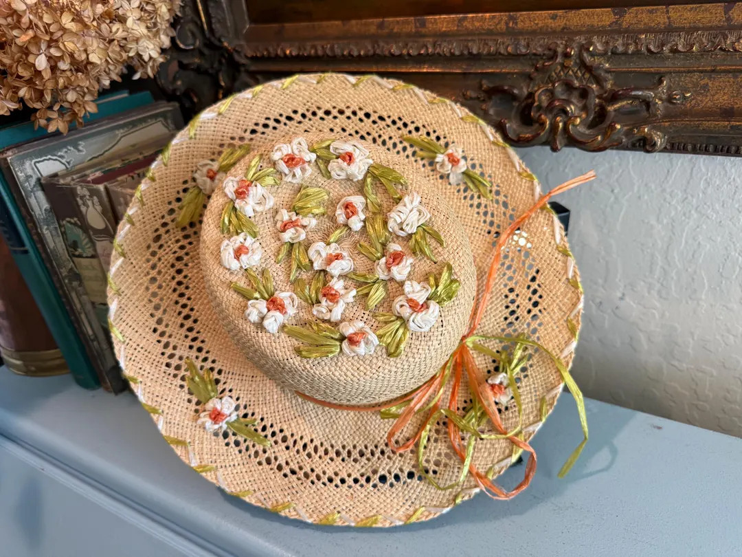 Vintage Raffia Embroidered Floral Straw Sun Hat - Resort Wear - Mid Century Modern MCM - Etsy | Etsy (US)