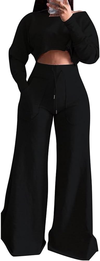 Casual 2 Piece Outfits for Women Fall Long Sleeve Crop Top and High Waist Wide Leg Flared Bell Bo... | Amazon (US)