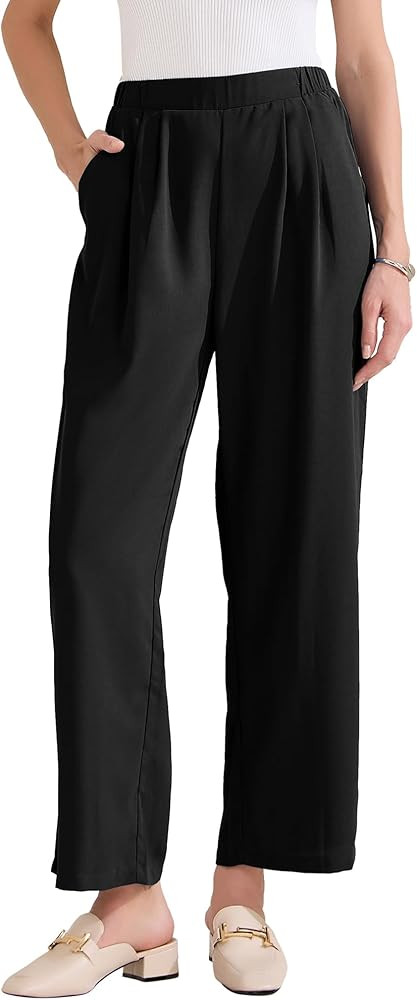 Allegra K Women's Straight Work Pant Elastic High Waist Business Casual Solid Ankle Pant Trouser | Amazon (US)