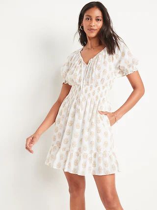 Waist-Defined Puff-Sleeve Printed Smocked Mini Dress for Women | Old Navy (US)