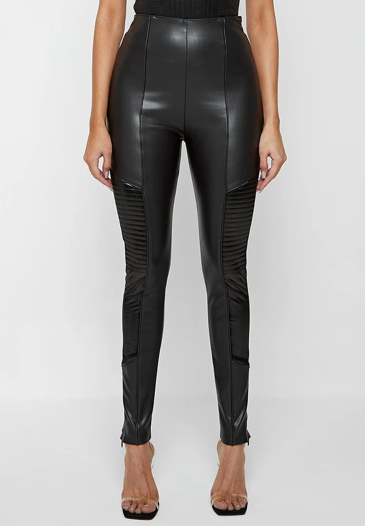 Vegan Leather & Patent Ribbed Leggings - Black | Maniere De Voir