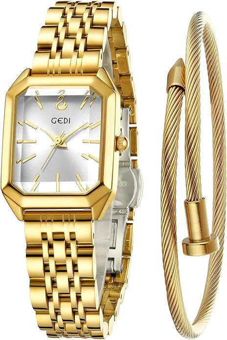 FANMIS Women’s Gold Tone Bangle Watch and Bracelet Set, Simple Square Dial Ladies Casual Dress ... | Amazon (US)