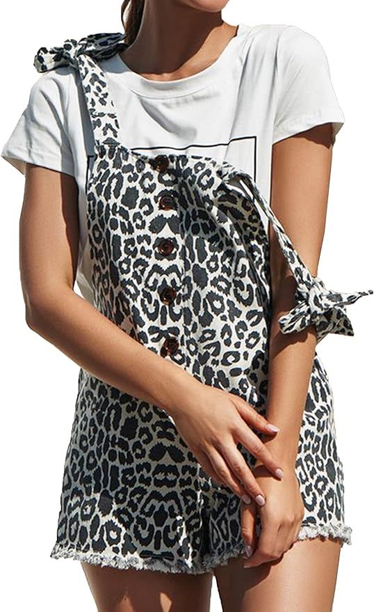 ECOWISH Women Leopard Bib Overalls Sexy Strap Backless Summer Beach Romper Jumpsuit with Pockets | Amazon (US)