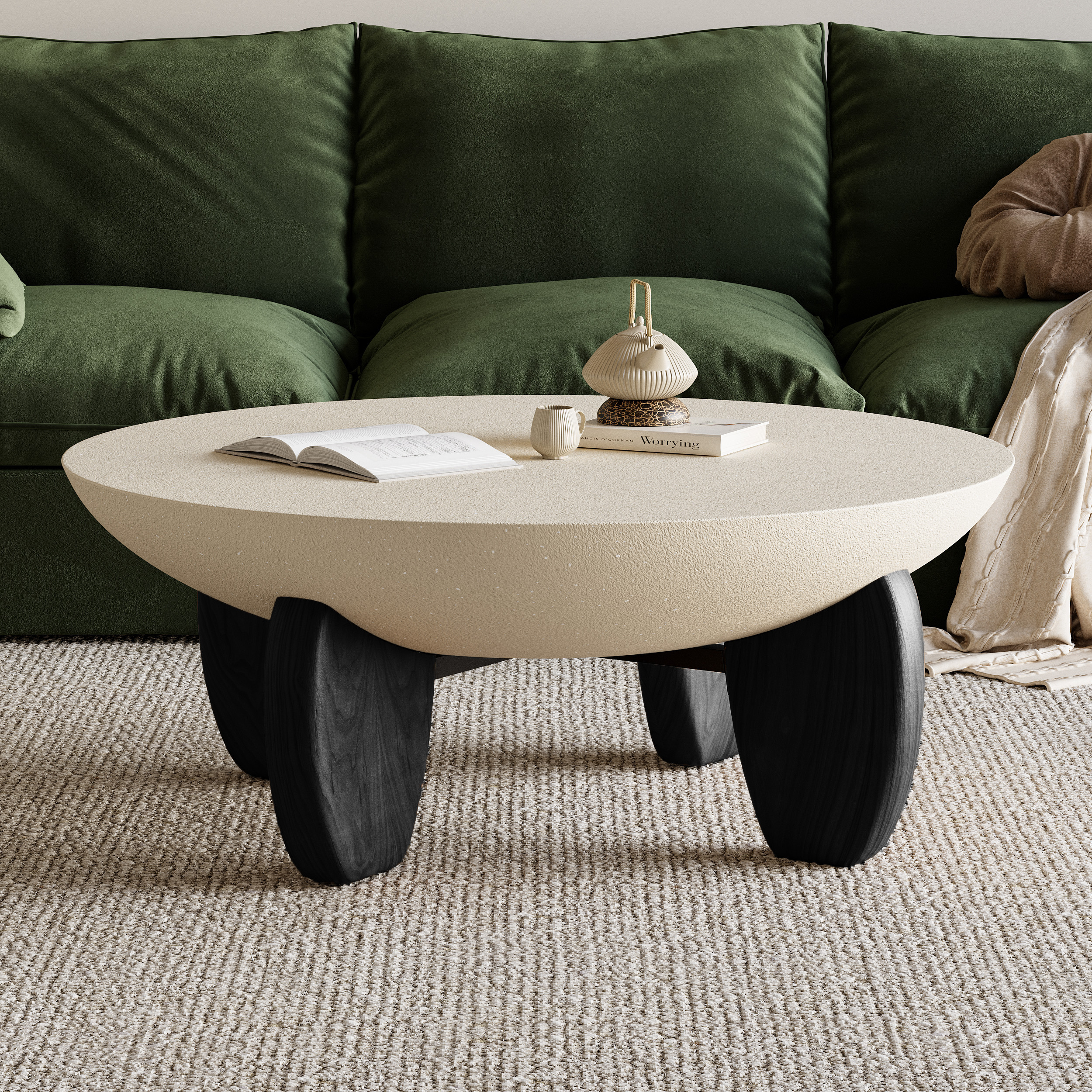 Curva Round Small Modern Beige & Black Coffee Table Concrete & Wood Accent Table | Homary