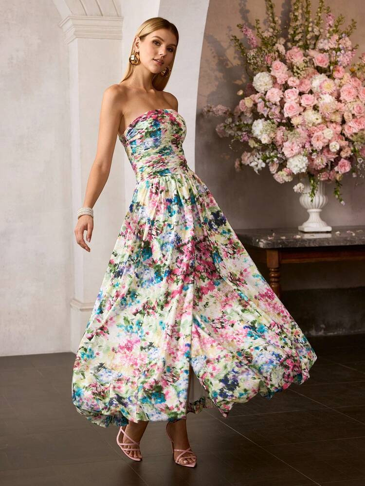 MOTF Soiréza WOMEN'S ELEGANT ELEGANT FLORAL PRINT DRESS WIITH BUST RUCHING, BACK TIE SPAGHETTI STRAPS & UMBRELLA HEM, PERFECT FOR WEDDINGS, PARTIES & FESTIVE EVENTS | SHEIN