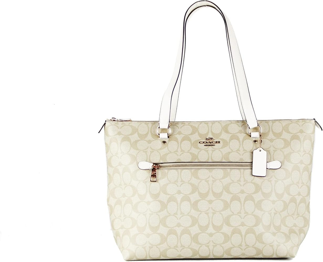 Coach Signature Canvas and Leather Gallery Tote Shoulder Bag, Light Khaki/Chalk | Amazon (US)