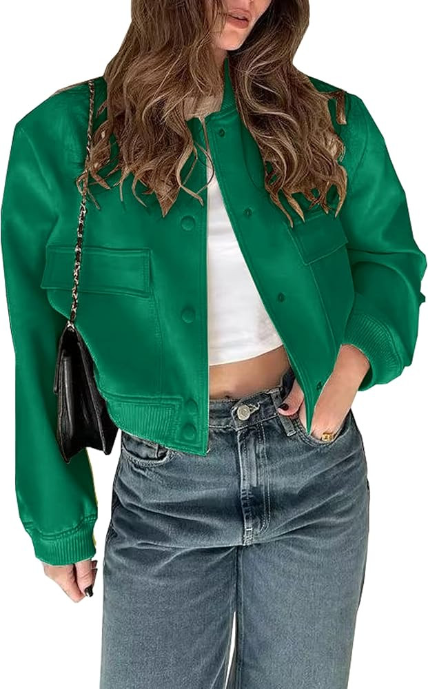 Womens Cropped Bomber Jacket Button Down Varsity Jackets Shackets with Pockets | Amazon (US)