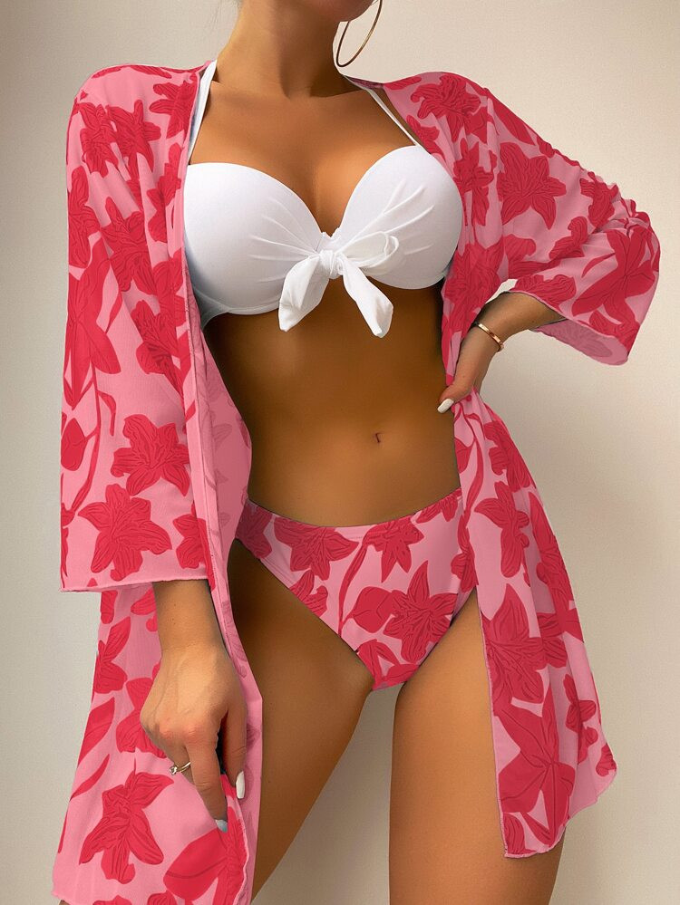 Floral Print Push Up Bikini Swimsuit With Kimono | SHEIN