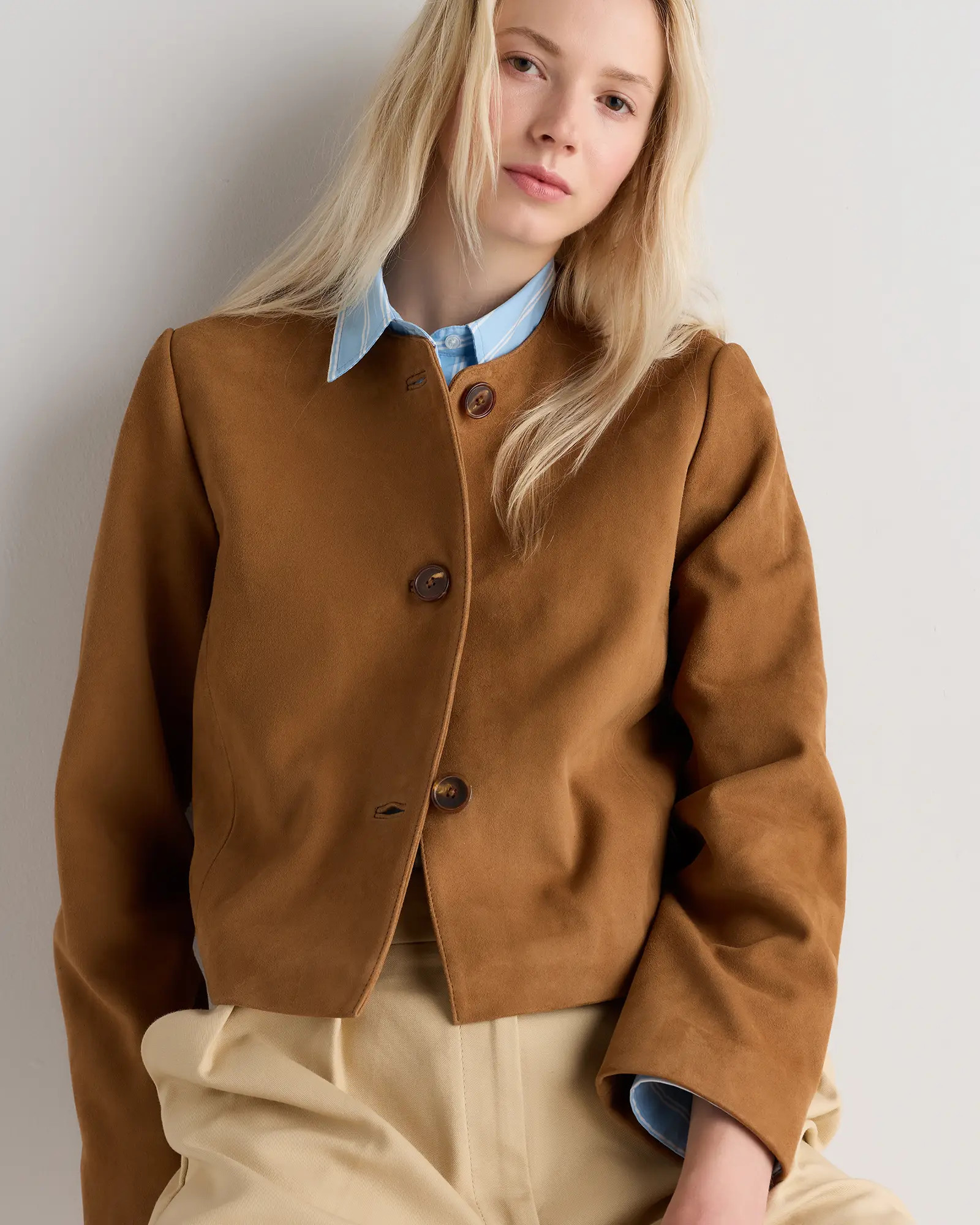 100% Suede Collarless Cropped Jacket in Cognac Brown | Quince