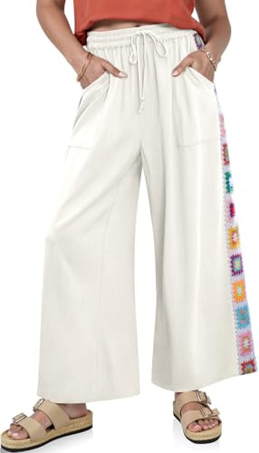 TARSE Womens Wide Leg Linen Pants Summer Casual Drawstring Loose Lounge Palazzo Crochet Panel Pant with Pocket(MilkyWhite, M) | Amazon (US)