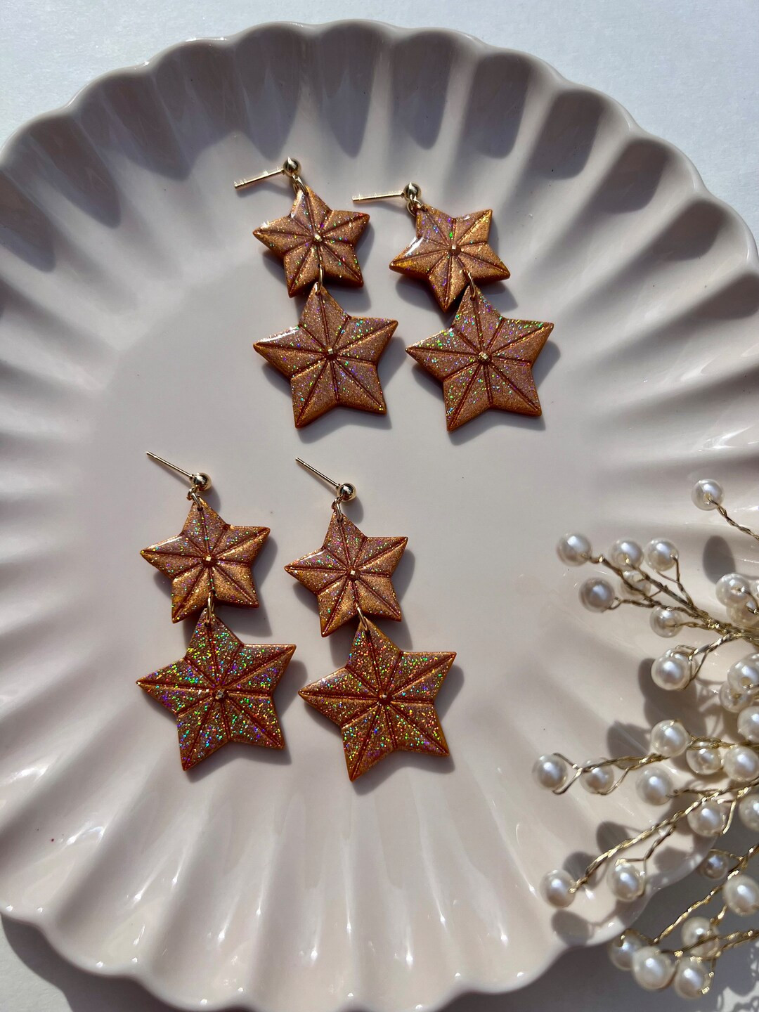 Holographic Star Christmas Earrings: Handmade Polymer Clay Dangles - Etsy | Etsy (US)