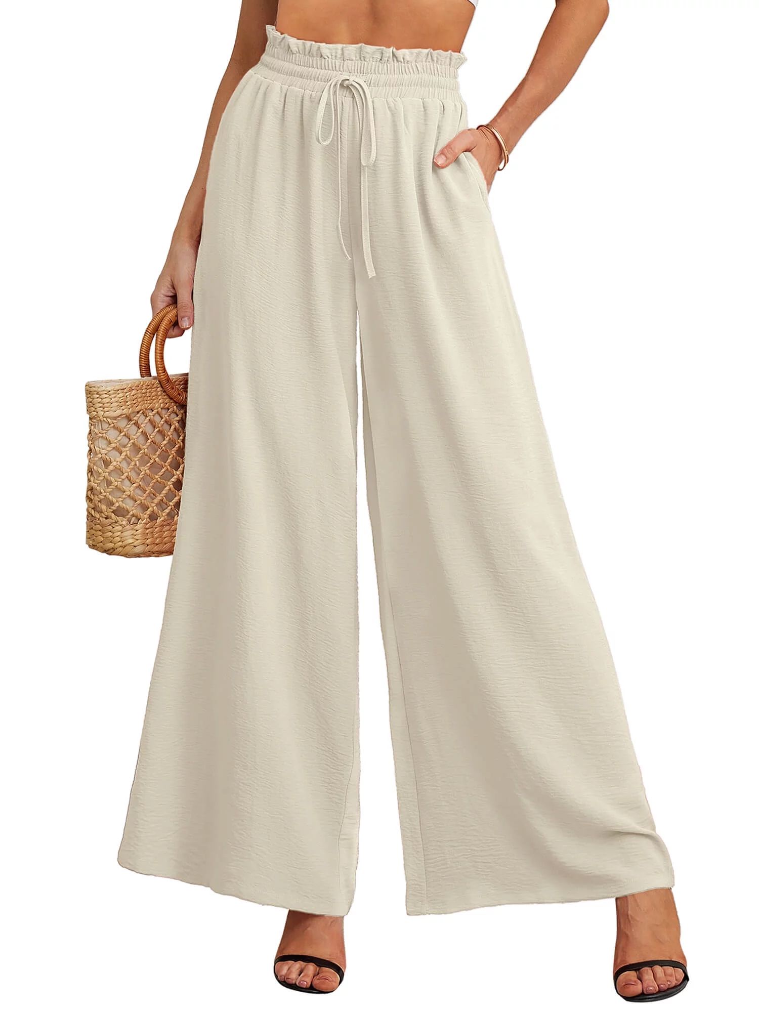 SHOWMALL Women's Pants Casual Elastic High Waisted Wide Leg Pants Ivory L Palazzo Pants with Pock... | Walmart (US)
