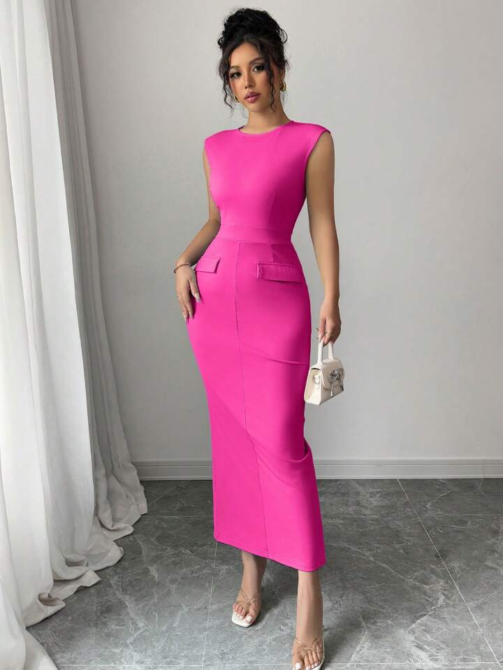 Elenzga Women's Spring/Summer Elegant Knitted Blue Round Neck Sleeveless Slit Slim Fit A-Line Mid-Length Dress, Suitable For Outing, Dating, Dining, Outing, Valentine's Day, Wedding | SHEIN