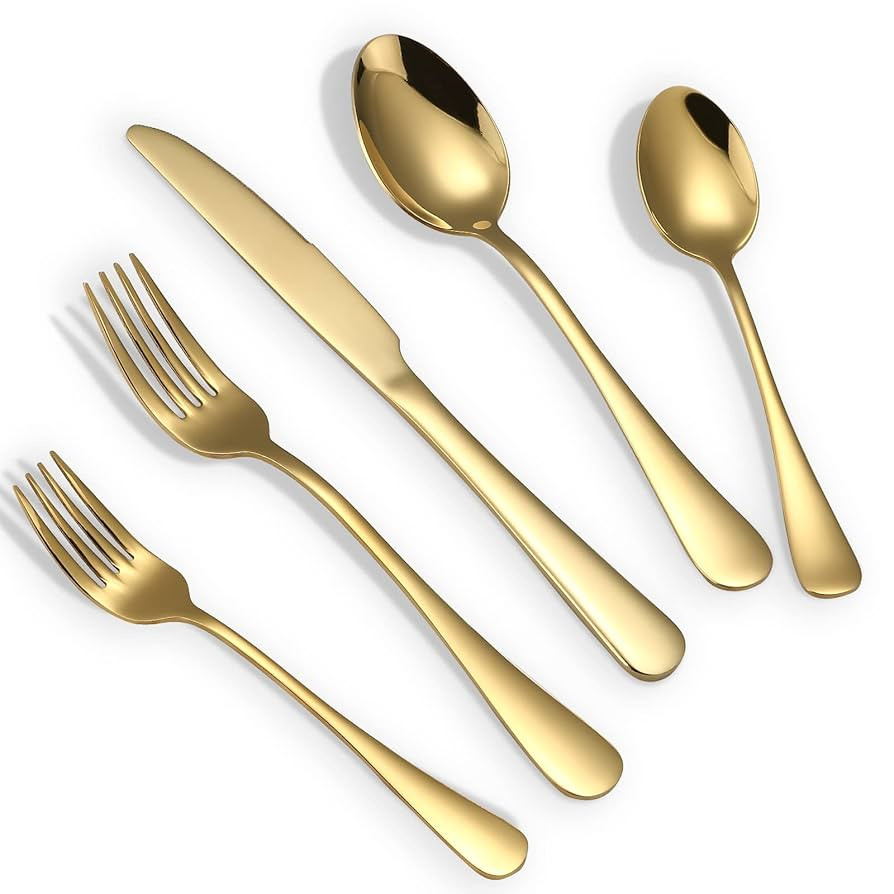 Briout Gold Silverware Set, 20 Piece Golden Cutlery Set Service for 4, Stainless Steel Flatware S... | Amazon (US)