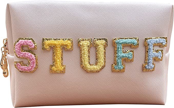 ZUNUONUO Preppy Stuff Chenille Letter Pouch Cute Patch Clear Makeup Bags PU Leather Waterproof Co... | Amazon (US)