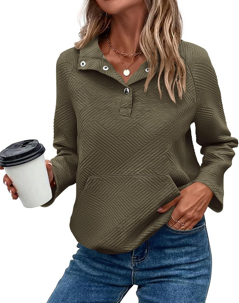 KIRUNDO Womens Sweatshirt Casual Textured Long Sleeve Henley Button V Neck Loose Pullover 2024 Tr... | Amazon (US)