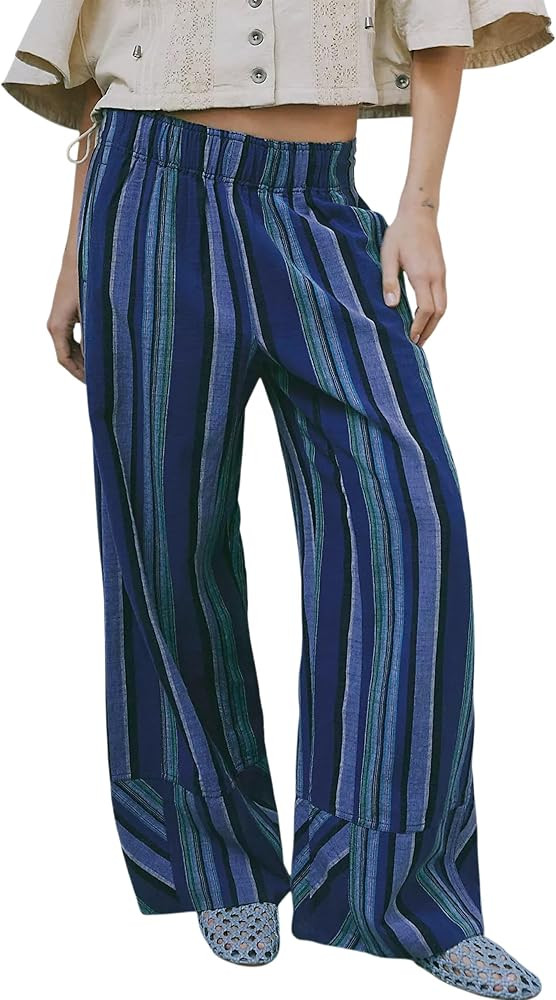 Womens Striped Wide Leg Pants Summer Boho Palazzo Pants Causal Elastic High Waist Long Lounge Trousers with Pockets | Amazon (US)