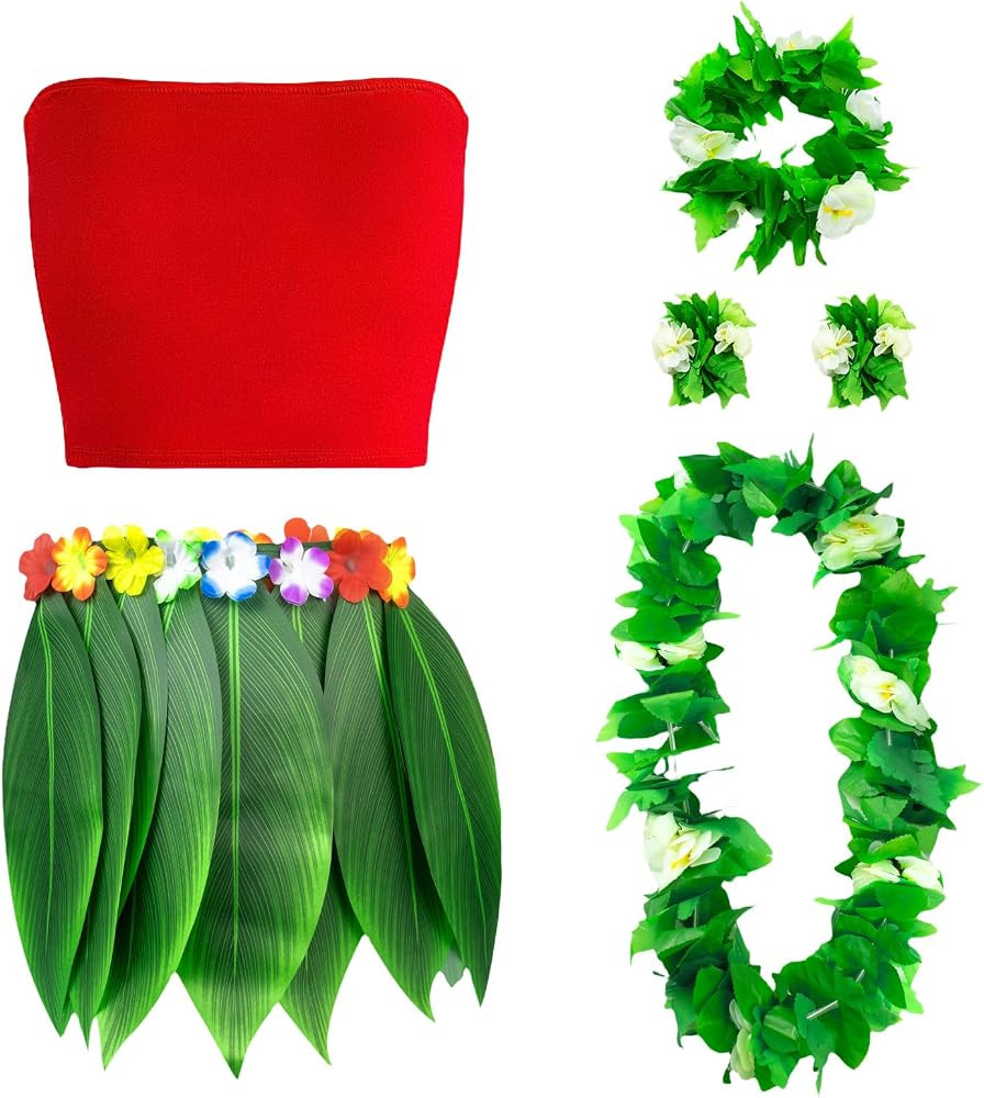 Women Halloween Costumes Adult, Hawaiian Costume for Women with Hula Leaf Skirt, Leis, Tube Top f... | Amazon (US)
