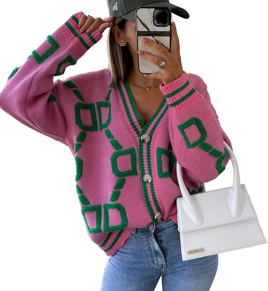 Women's Color Blocking V-Neck Fashionable Loose Sweater Cardigan Long Sleeve Geometric Oversized ... | Amazon (US)