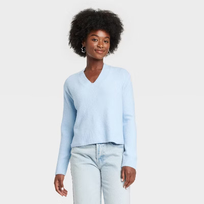 Women's Cozy Knit V-Neck Pullover Sweater - Universal Thread™ Blue XL | Target