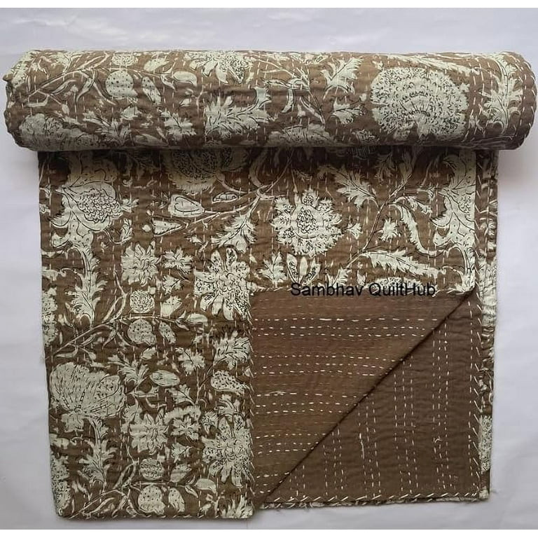 Handblock Multi Floral Print Handmade Cotton Kantha Quilting Throw Blanket Hippie Queen/King Size... | Walmart (US)