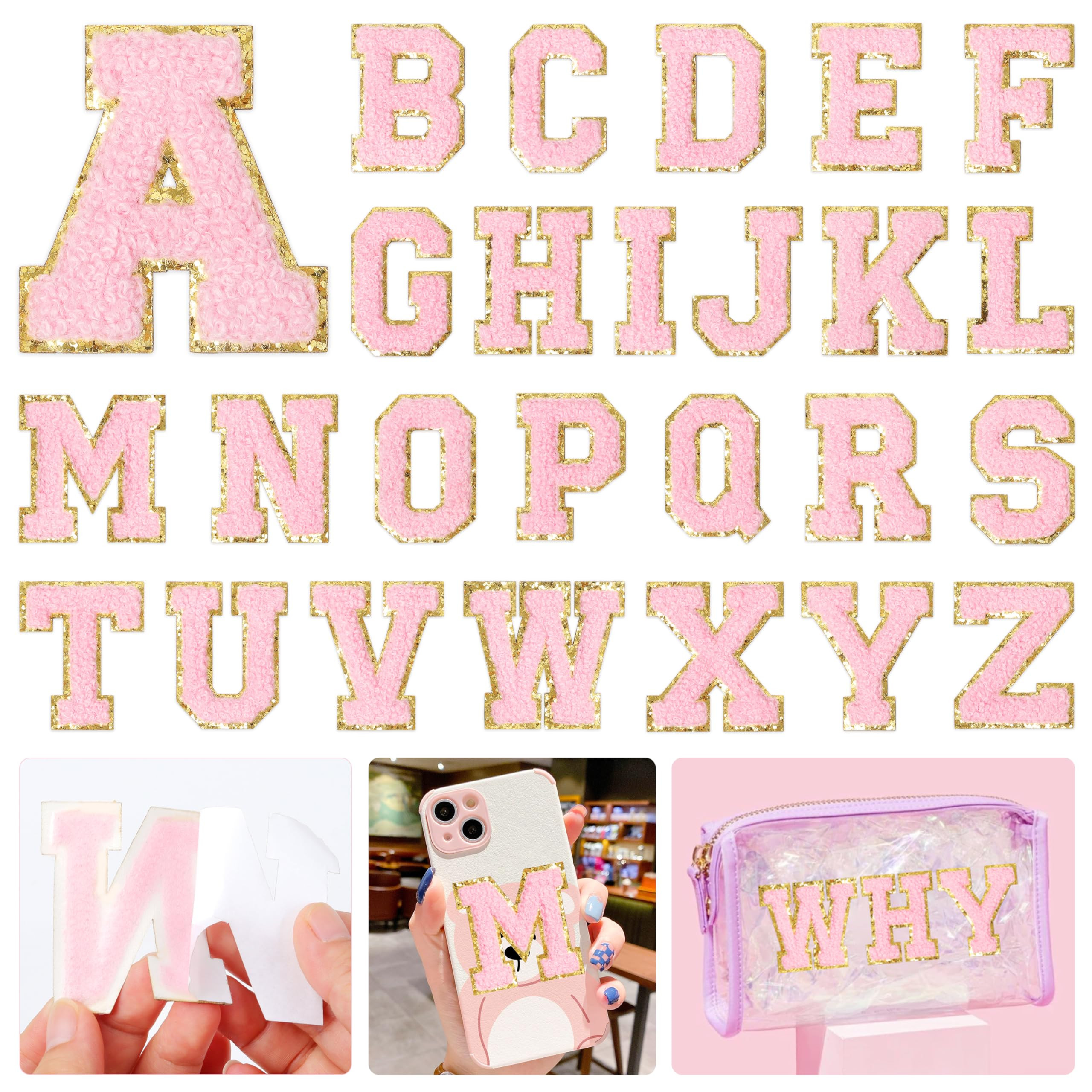 Pink Chenille Letters Self-Adhesive Patches: KINGSOW 26PCS Self Adhesive Varsity Iron on Letter P... | Amazon (US)