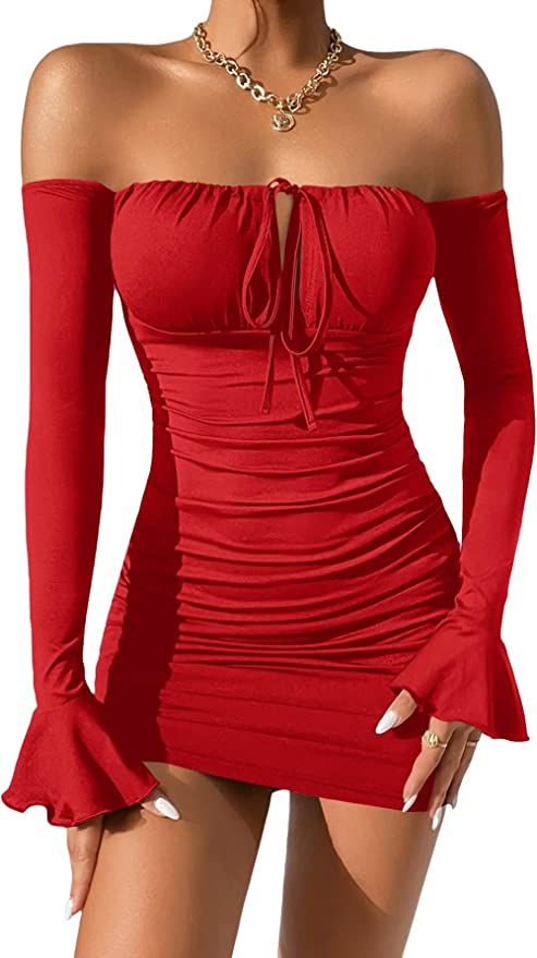 WDIRARA Women's Petite Off Shoulder Long Sleeve Cut Out Tie Front Bodycon Mini Dress | Amazon (US)