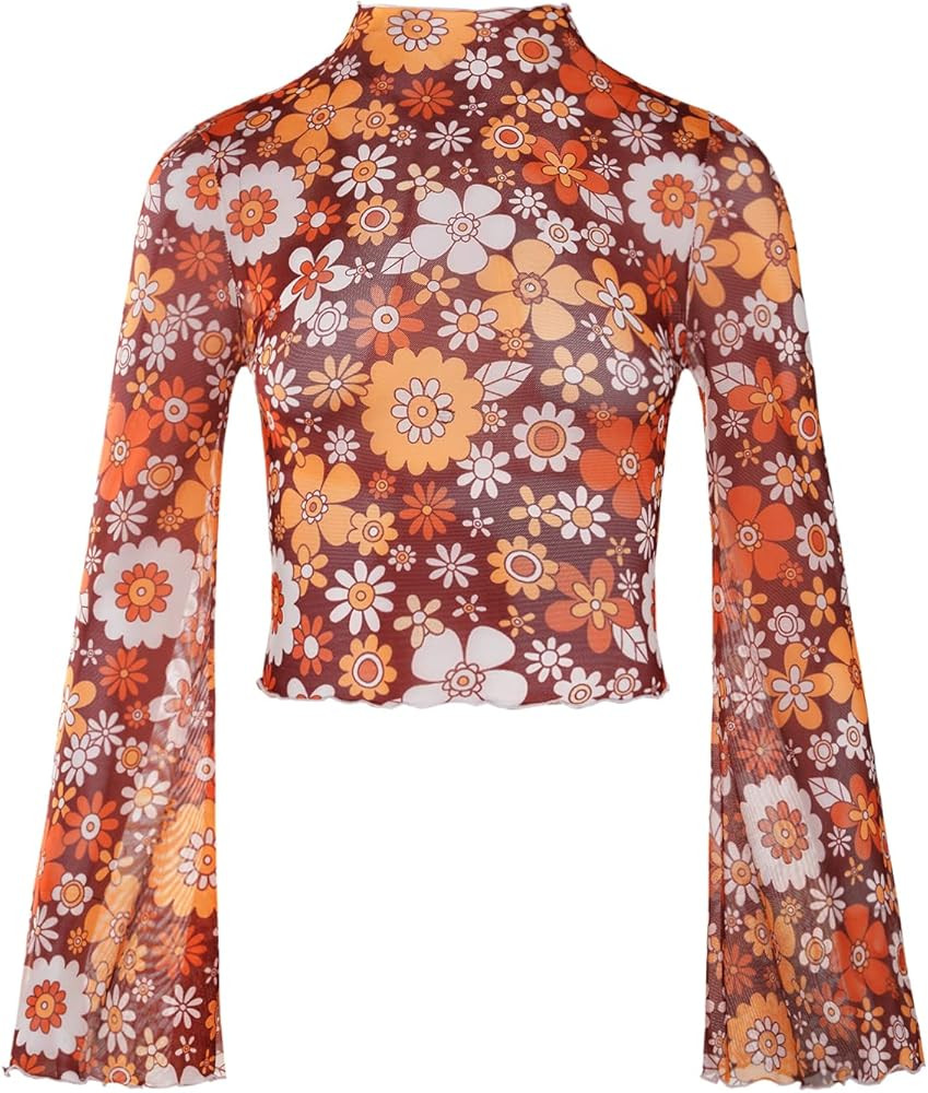 Verdusa Women's Bell Sleeve Lettuce Trim Mock Neck Floral Mesh Top Crop T Shirt | Amazon (US)