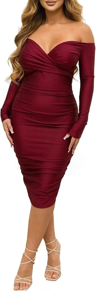 Women's Sexy Deep V Neck Off Shoulder Ruched Bodycon Long Sleeve Midi Dress Evening Party Cocktai... | Amazon (US)