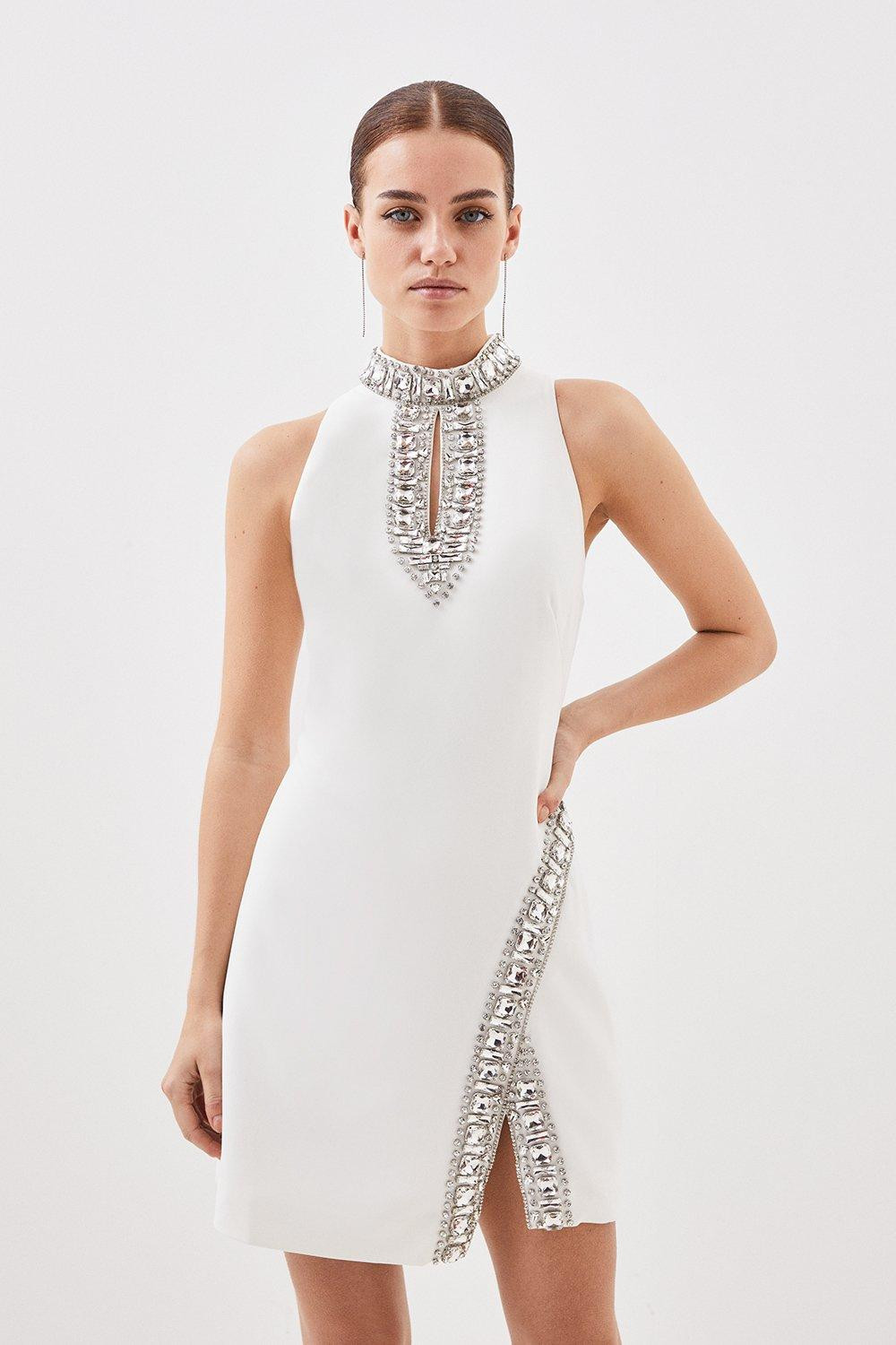 Petite Crystal Embellished Woven Mini Dress | Karen Millen UK + IE + DE + NL