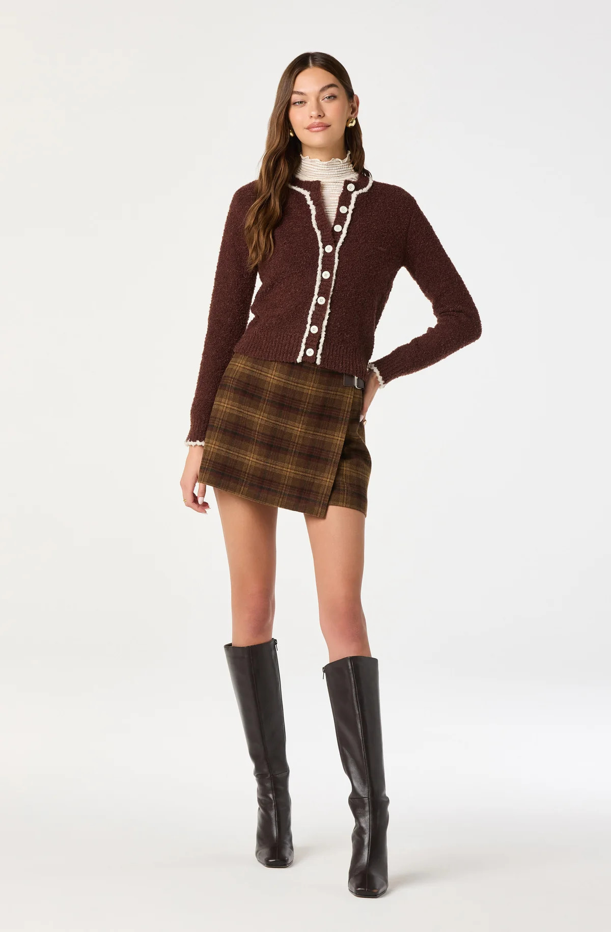 Contrast Stitch Textured Cardigan - Brown / XS | ASTR The Label (US)